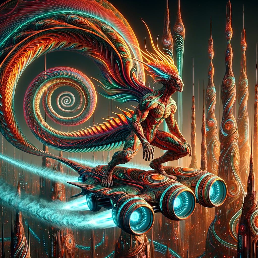 Ethereal Sci-Fi Dragon Surfer in a Luminous Metropolis