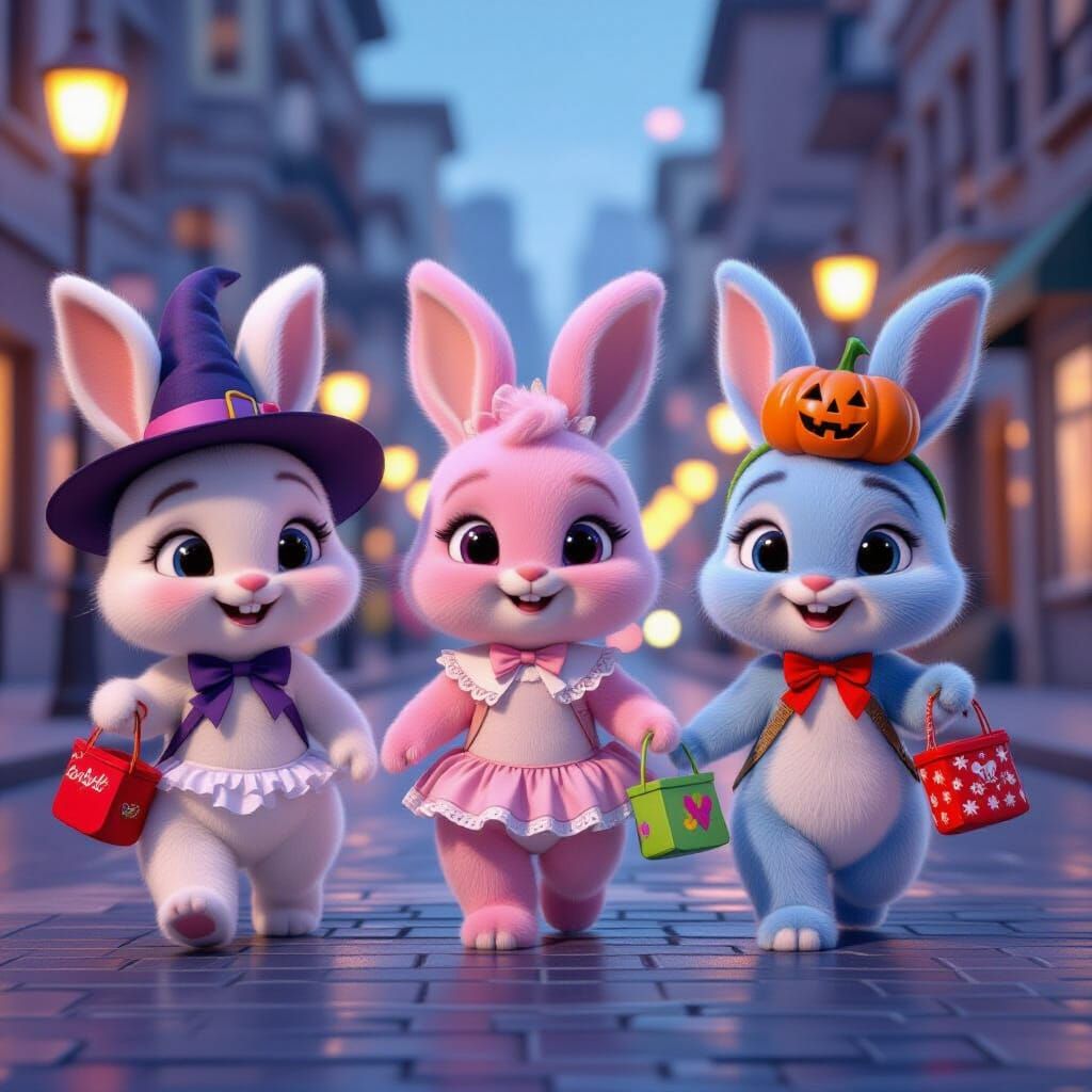 Three Bunnies on Candy Adventure in City Streets