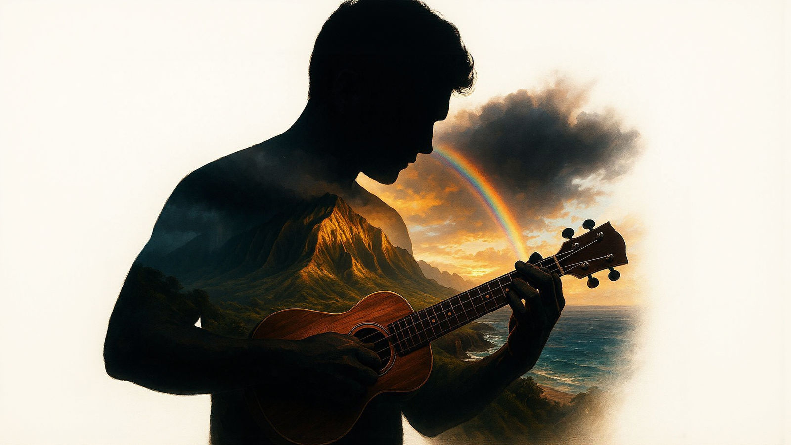 Silhouette Musician Plays Ukulele on Island at Sunset