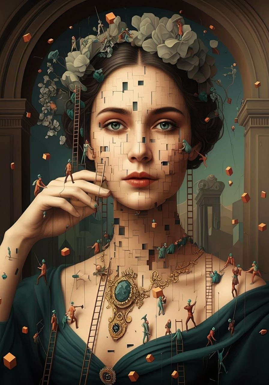 Woman Assembled from Cubes in Surrealist Style