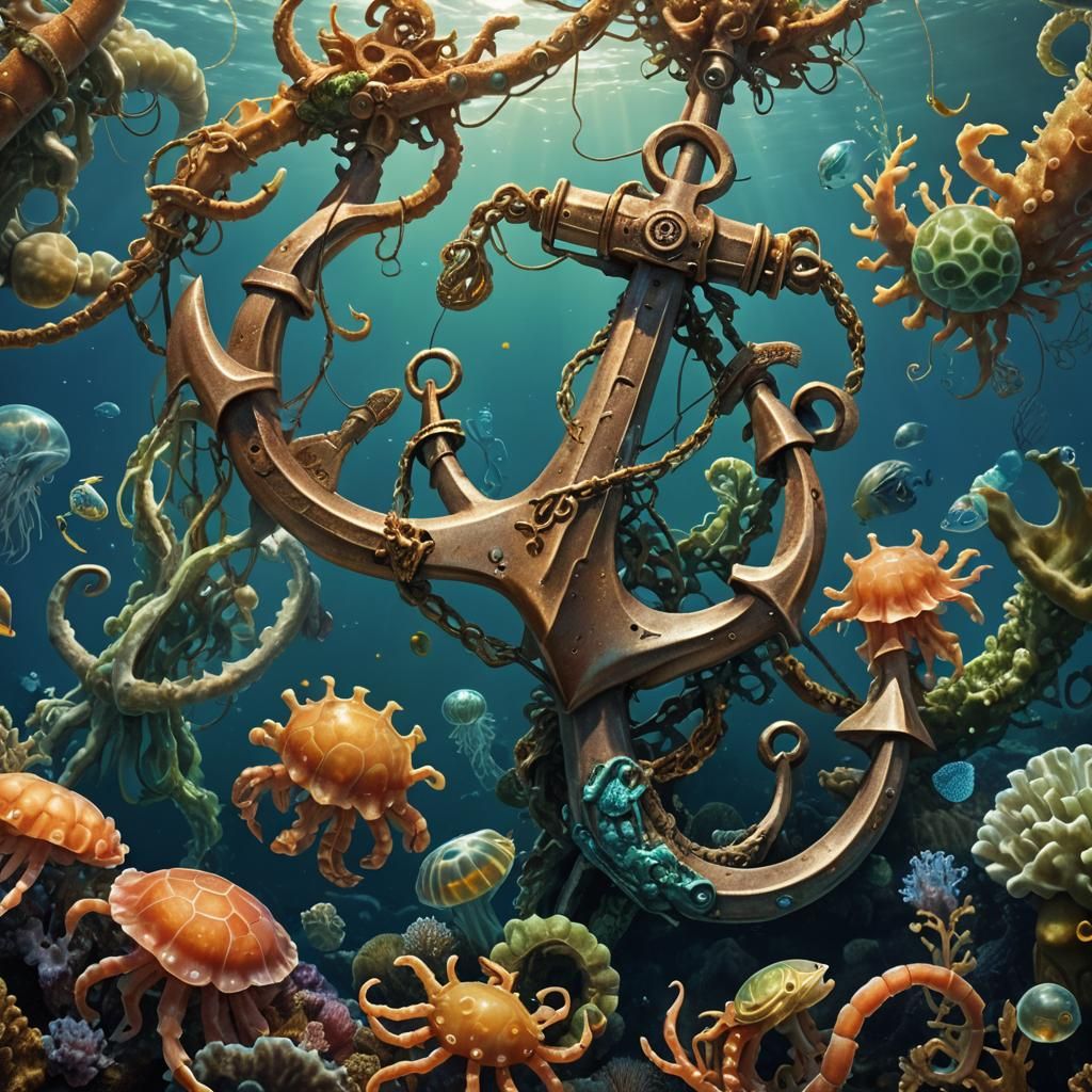 Ocean Anchor Surrounded by Sea Life: Digital Art