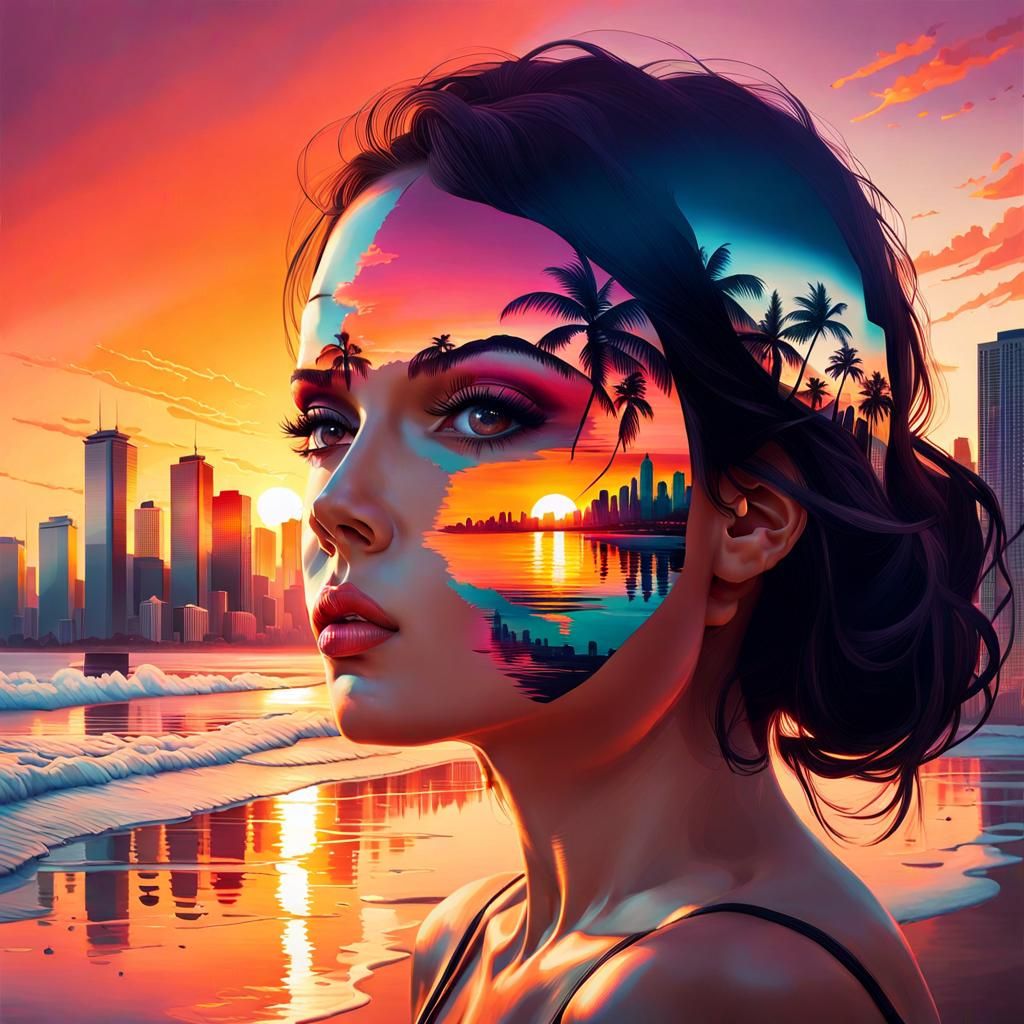 Surreal Double Exposure: Sunset, Face, and City Beach