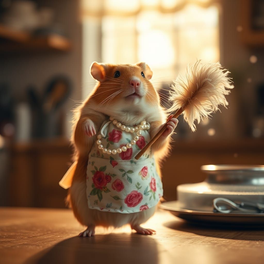 Hamster Housewife with Feather Duster: Professional Photogra...