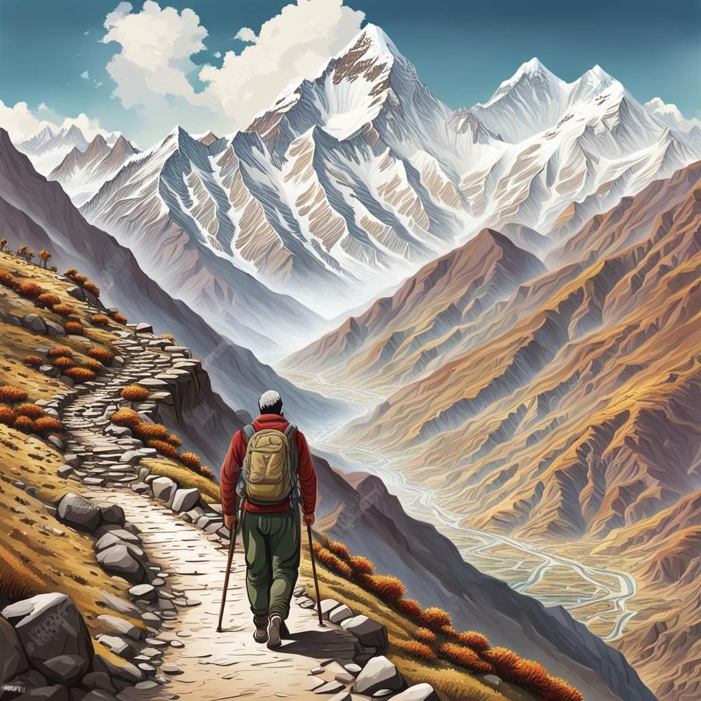 Sherpa on Himalayan Mountain Path to Monastery