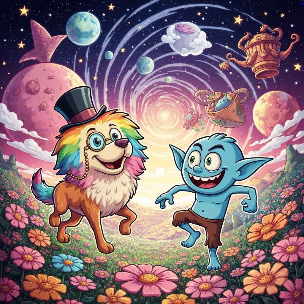 Whimsical Cartoon Scene with Rainbow Dog and Goblin