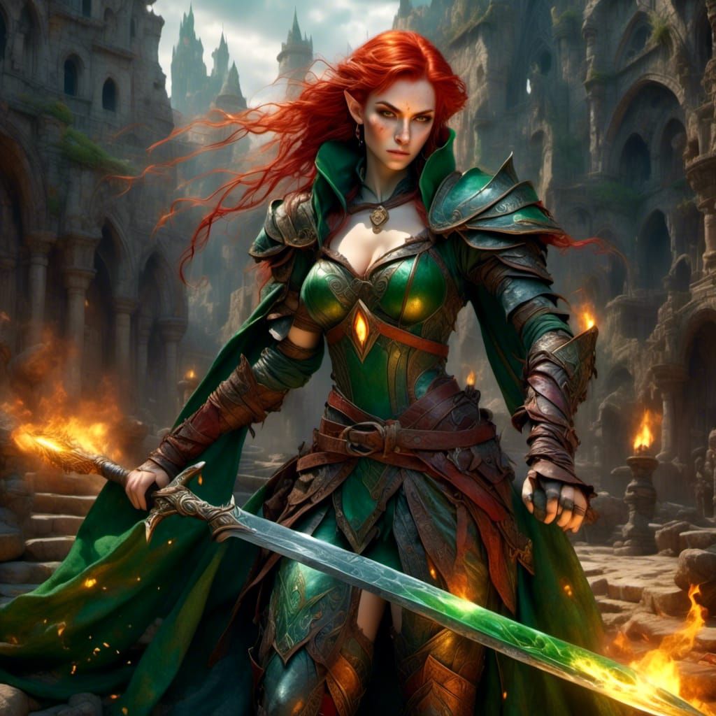 Furious Fey Elf Wields Flame Dagger