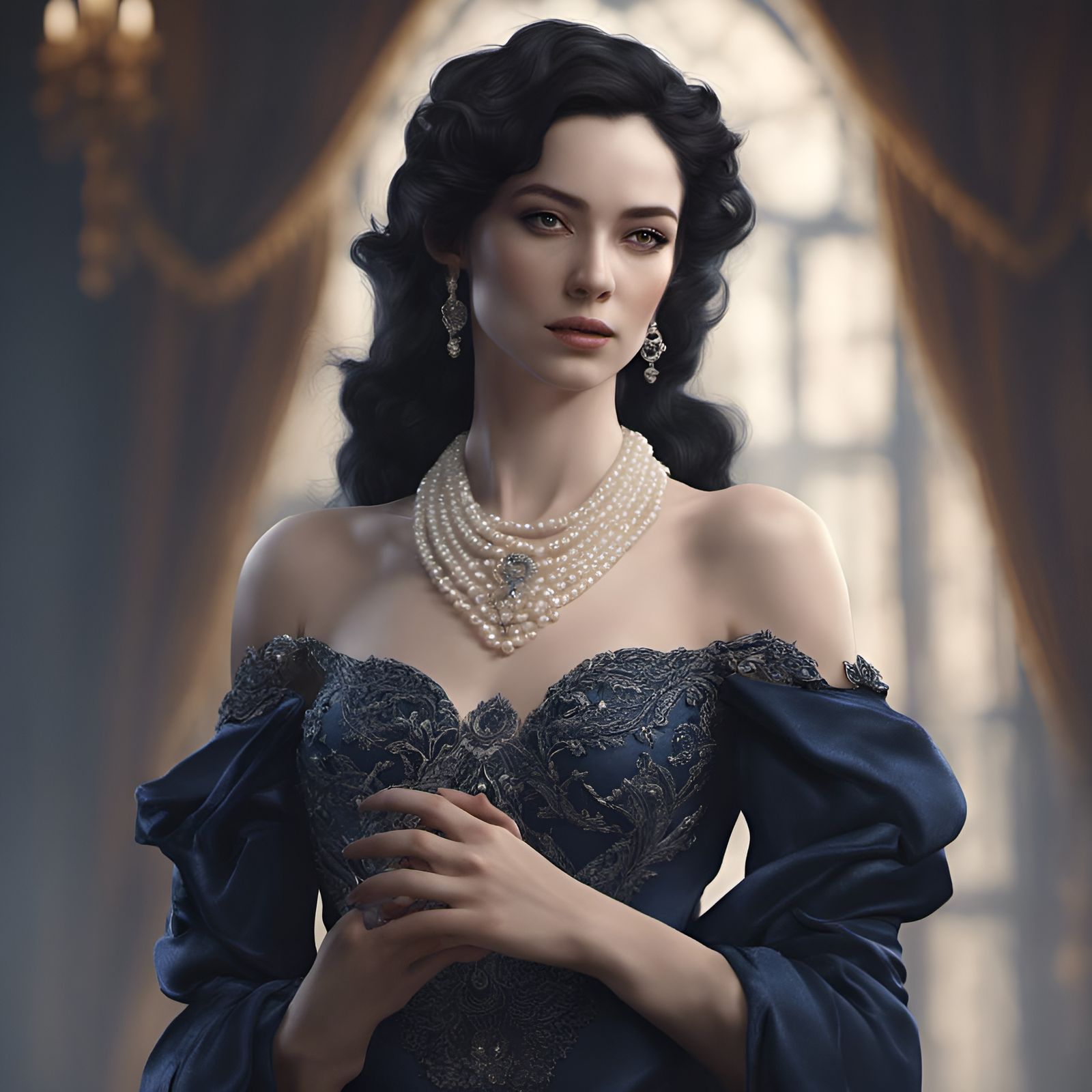 Woman in Navy Gown with Pearls: Fantasy Art