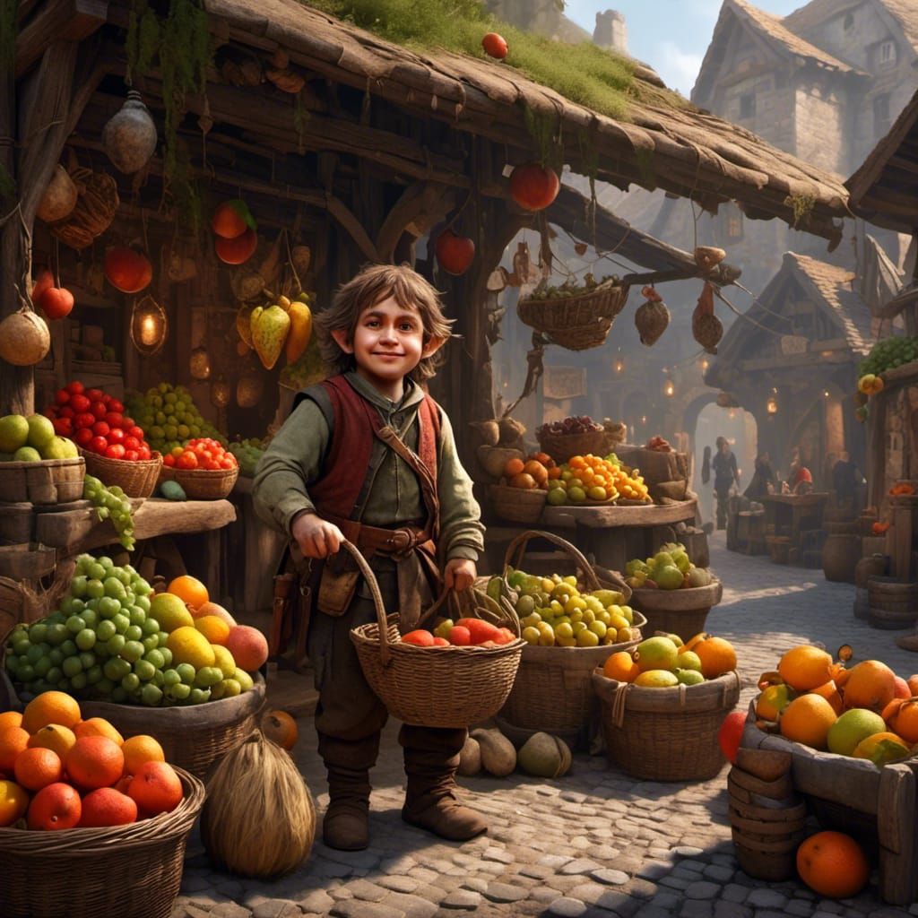 Halfling Shopkeeper at Fruit Market in Hyperrealism