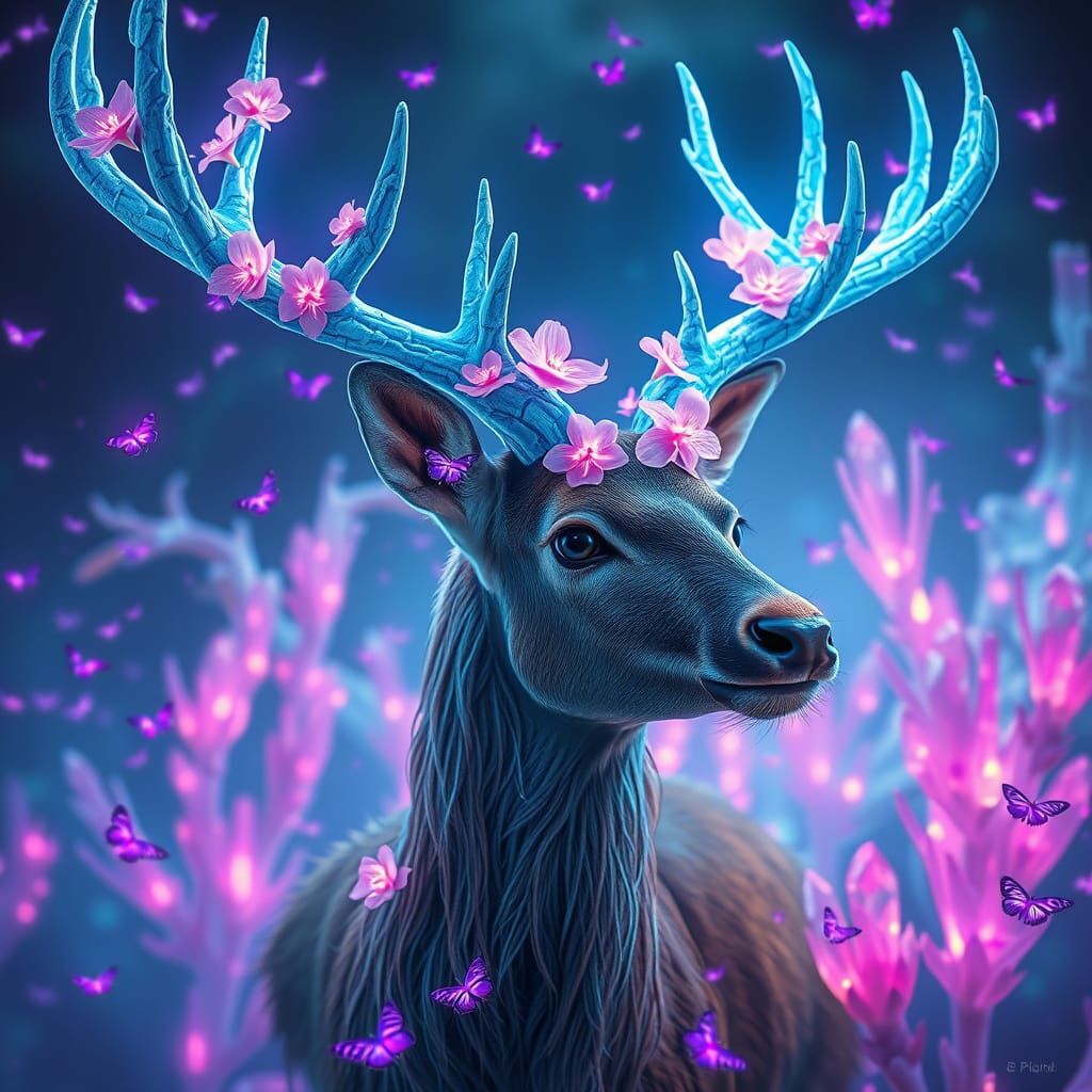 Mystical Deer With Glowing Antlers and Flowers