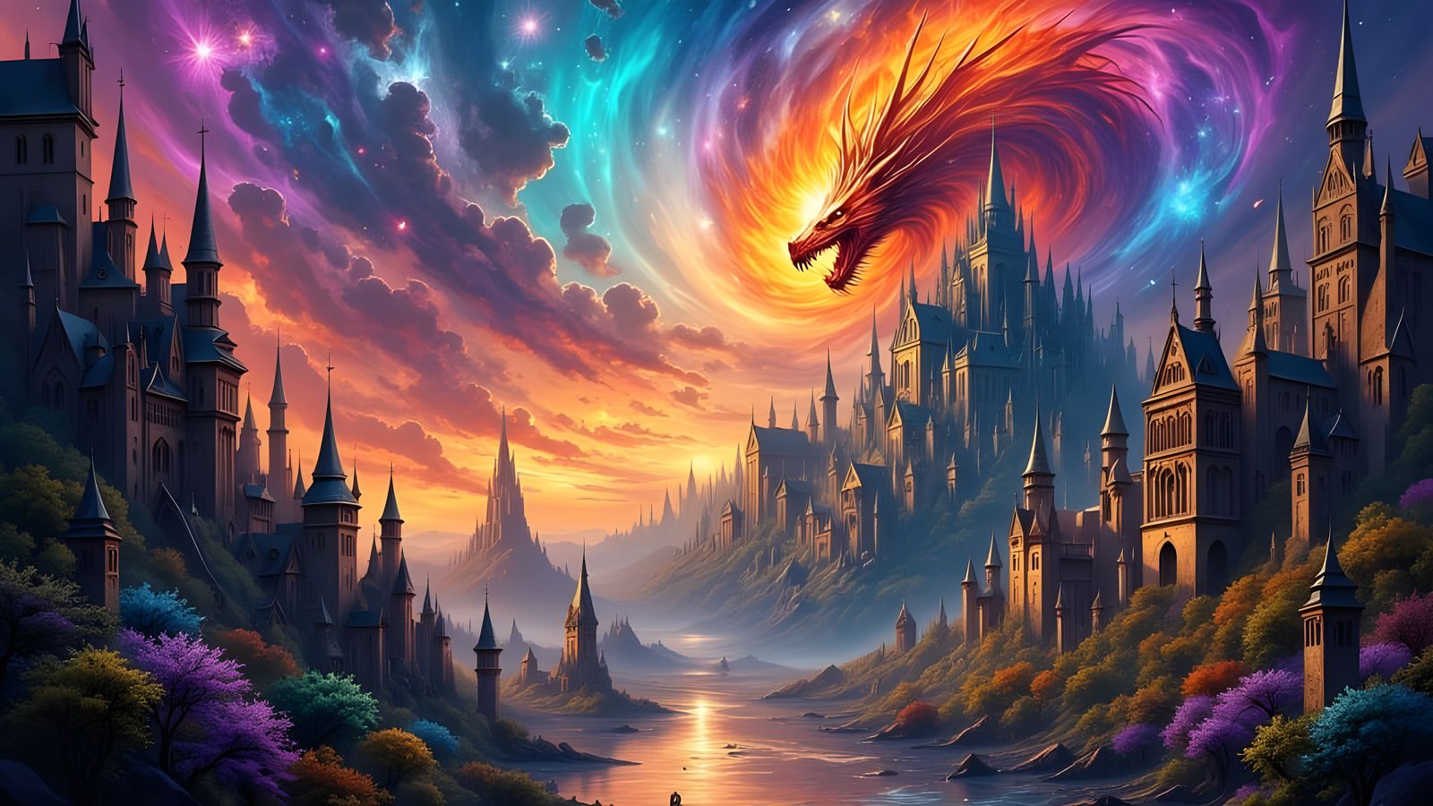 Fiery Dragon Fantasy World with Temples and Castles