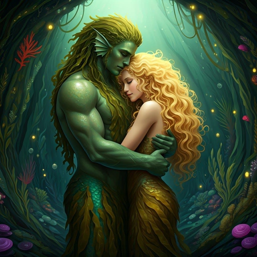 Merman and Woman Embrace in Bioluminescent Grotto