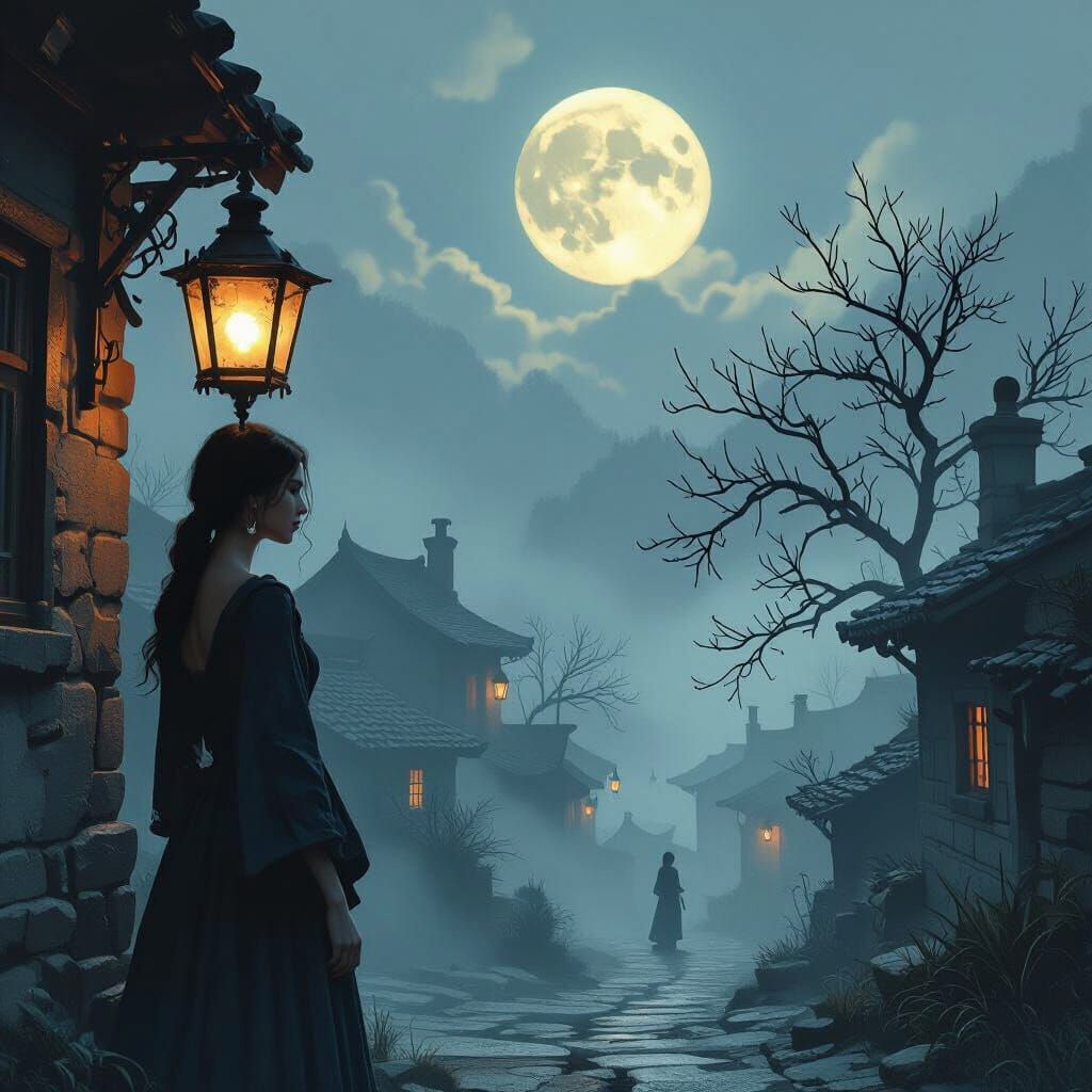 Misty Village Woman in Cinematic Digital Art