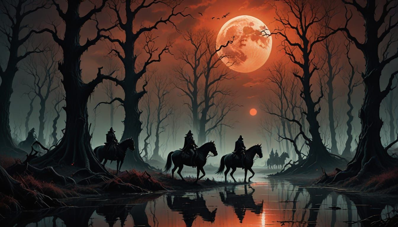 Dark Riders Under Red Moonlight in a Gothic Swamp