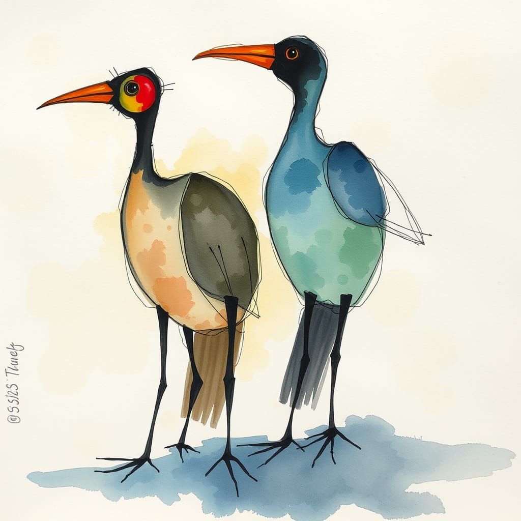 Stylized Birds in Impressionist Watercolor Style