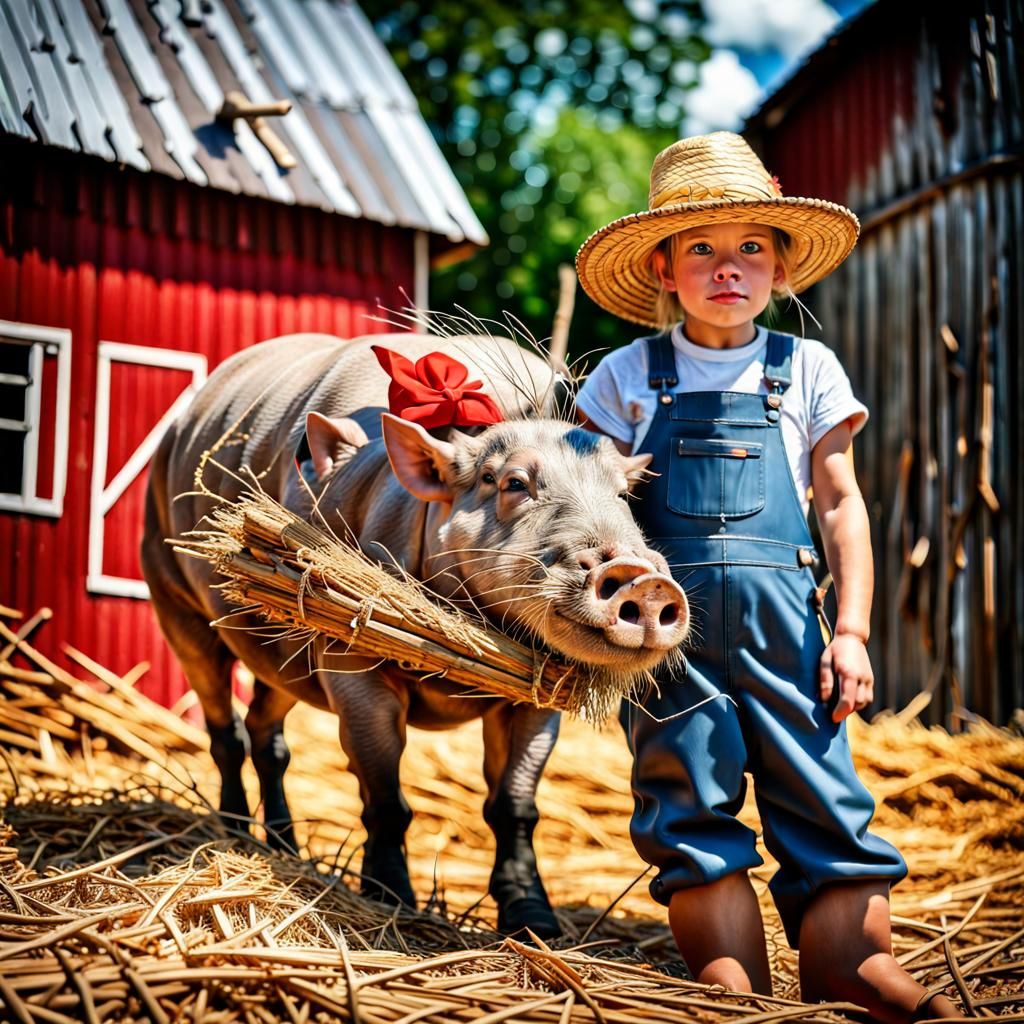 Farmhand Rides Pig in Hyperrealistic Country Scene
