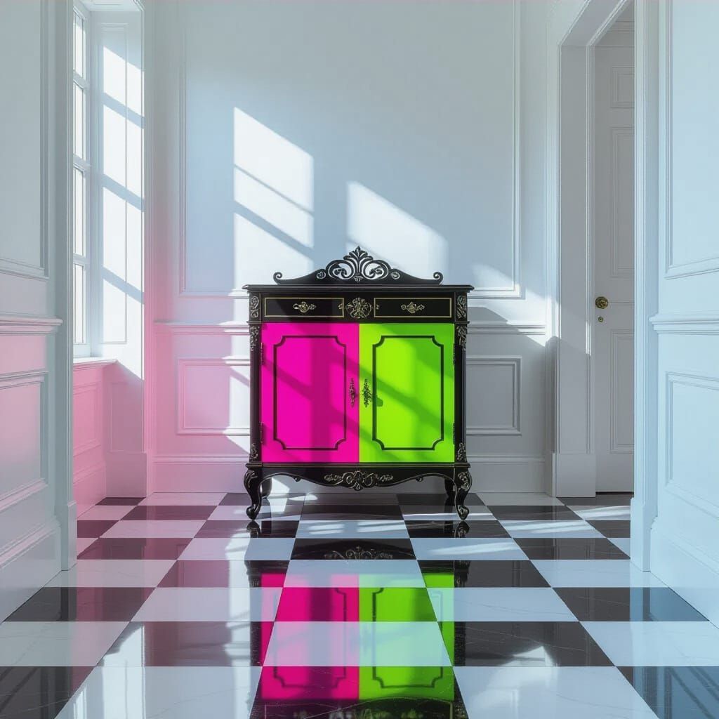 Antique Cabinet Disrupts Black and White Space in Neon Color...