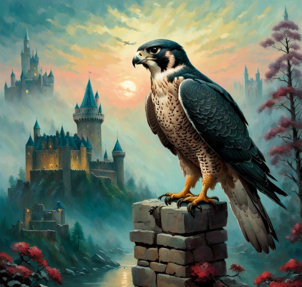 Ethereal Peregrine Falcon Amidst a Foggy Castle Landscape