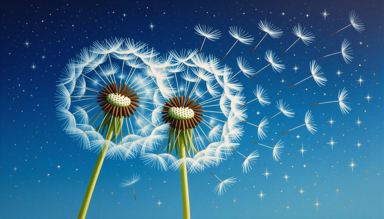 Dandelion Seed Head Transforms to Stars in Pointillist Style