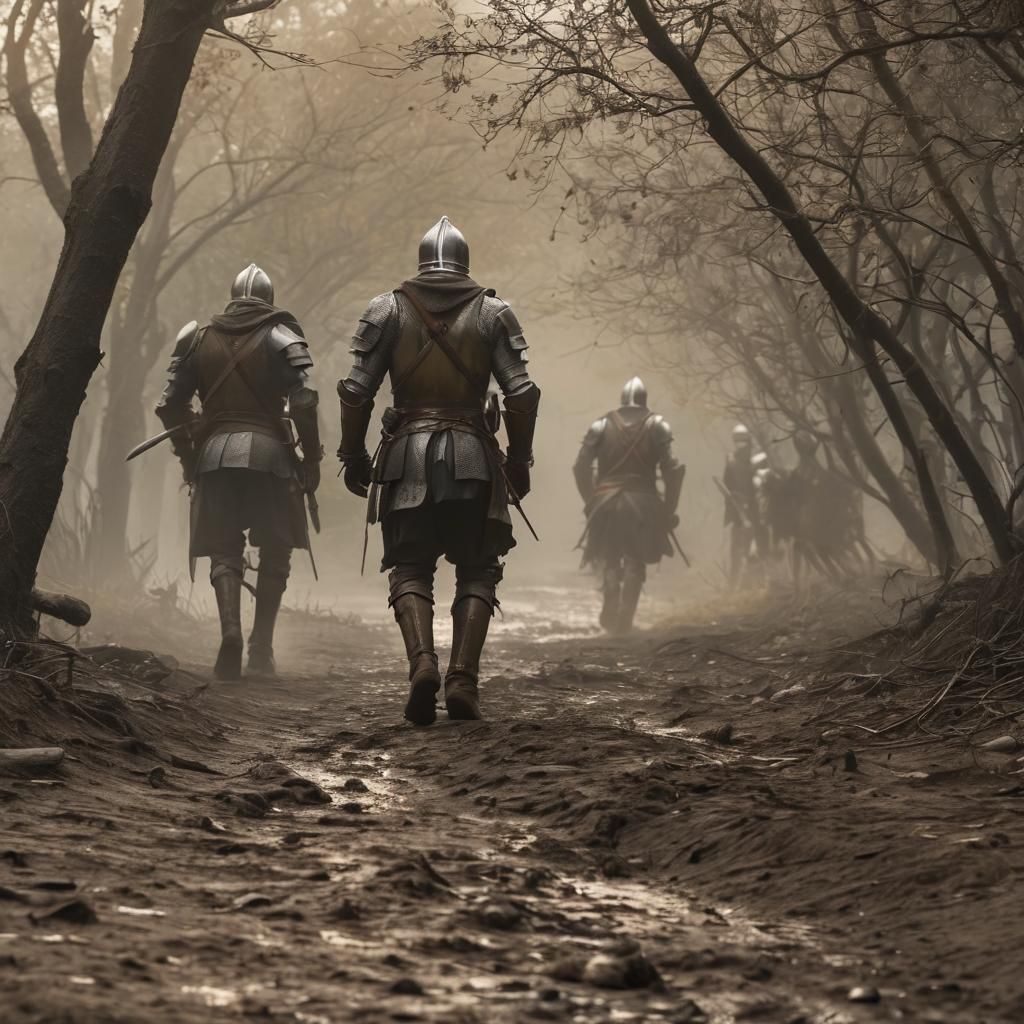 Medieval Battle: Knights Trudge Through Muddy Terrain