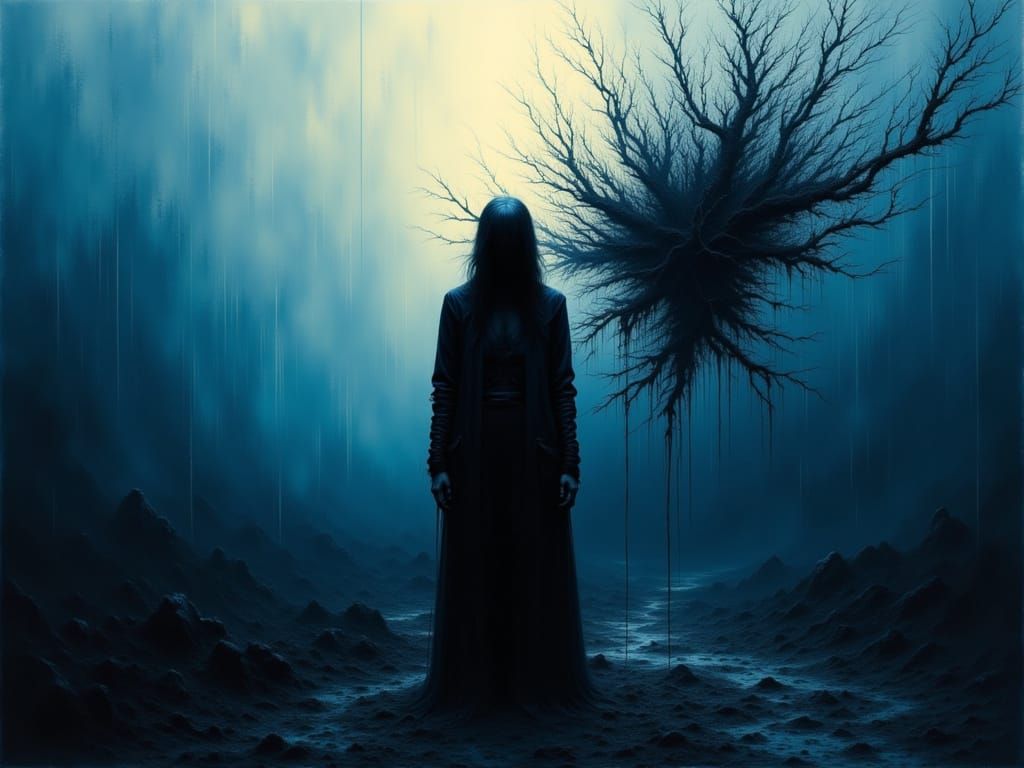 Figure Against Abstract Triptych in Ethereal Light