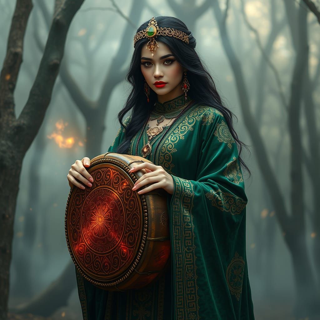 Mystical Turkic Shaman in Emerald Velvet Robes Amidst Glowin...