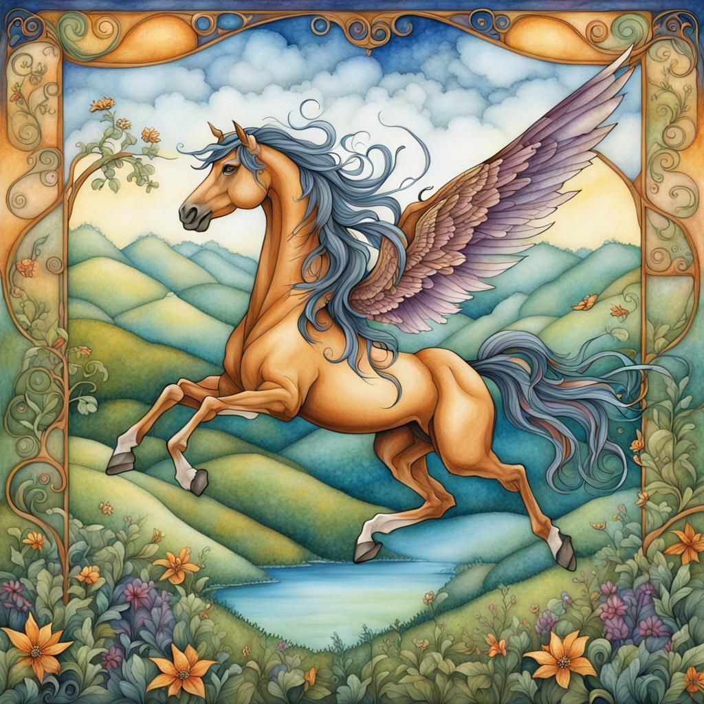 Winged Horse Soaring Over Enchanted Valley