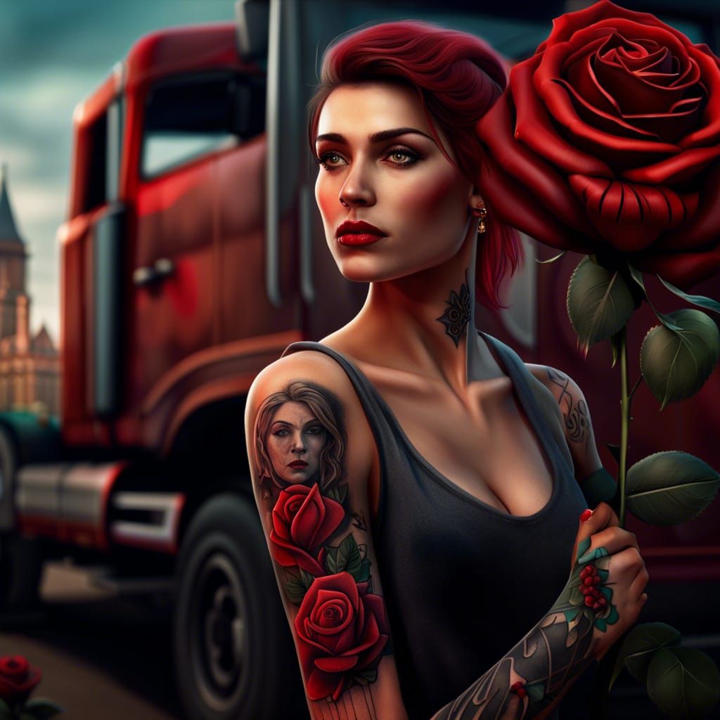 European Woman's Rose Tattoo with Truck, Detailed Matte Pain...
