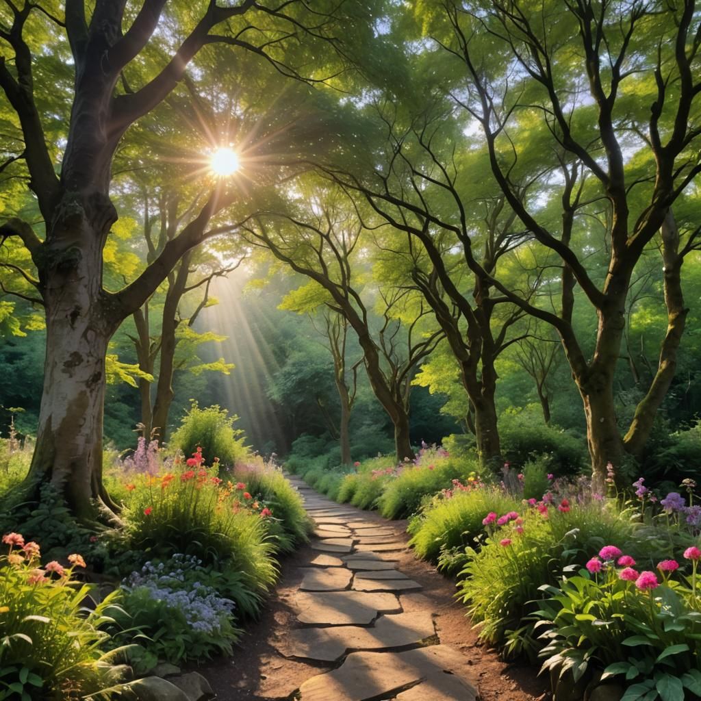 Forest Sound Bath with Colorful Bushes and Sunlight