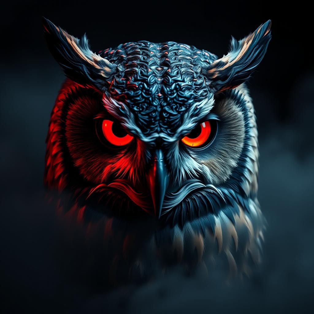 Sinister Red and Black Owl in Precisionism Style