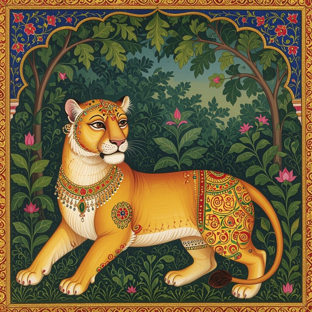 Majestic Indian Miniature Lioness in Vibrant Colors