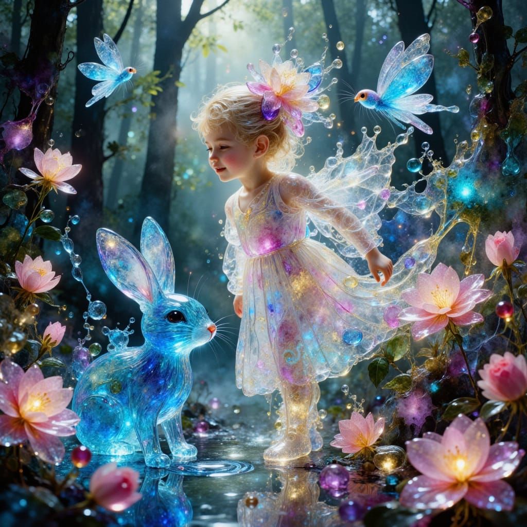 Glass Toddler Girl with Dragonflies and Bunny in Dreamy Land...