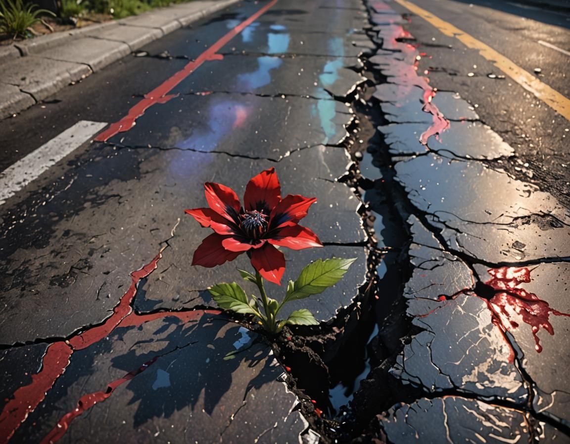 Red Flower Blooms in Tarmac Crack: Final Fantasy Style