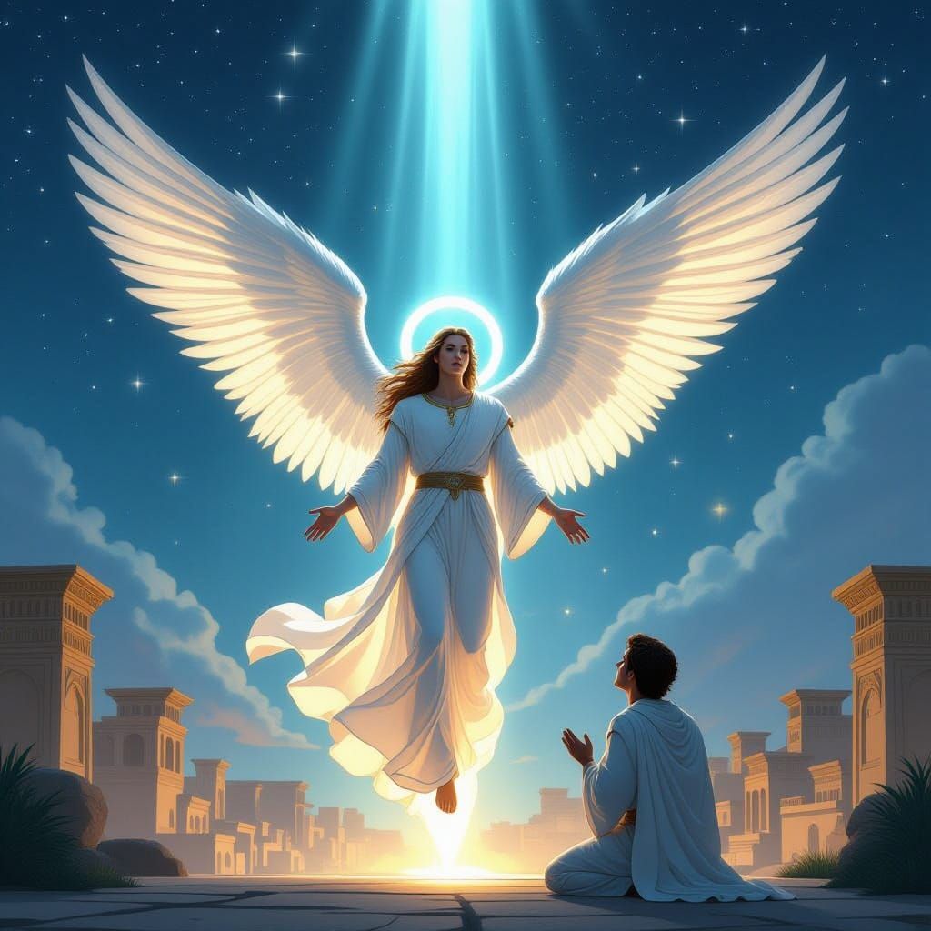Angel Descends in Light to Awestruck Daniel