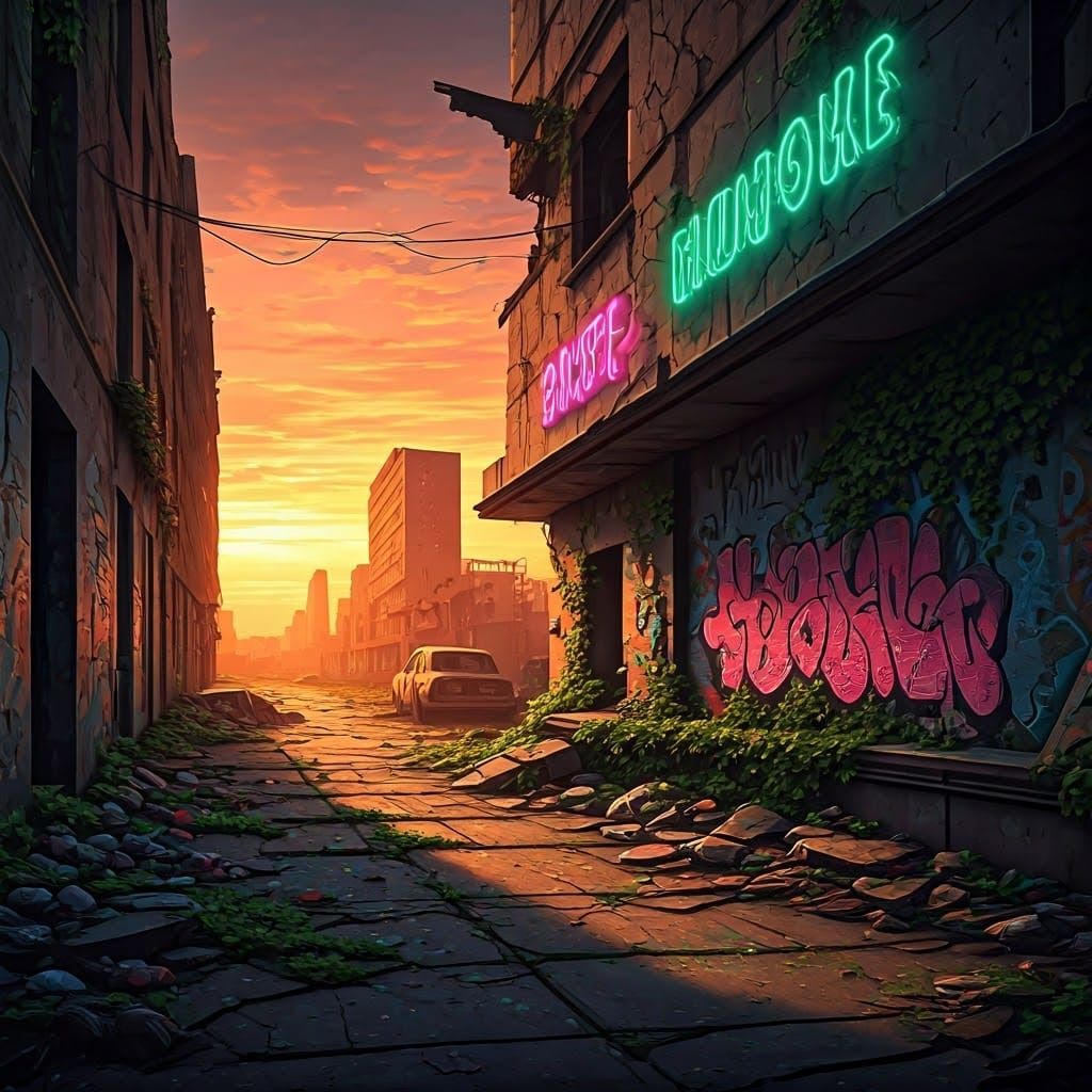 Post-Apocalyptic Neon Sign in Dystopian Cityscape