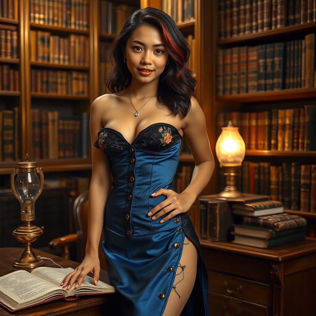 Cambodian Woman in Opulent Library, Photo-Realistic Style
