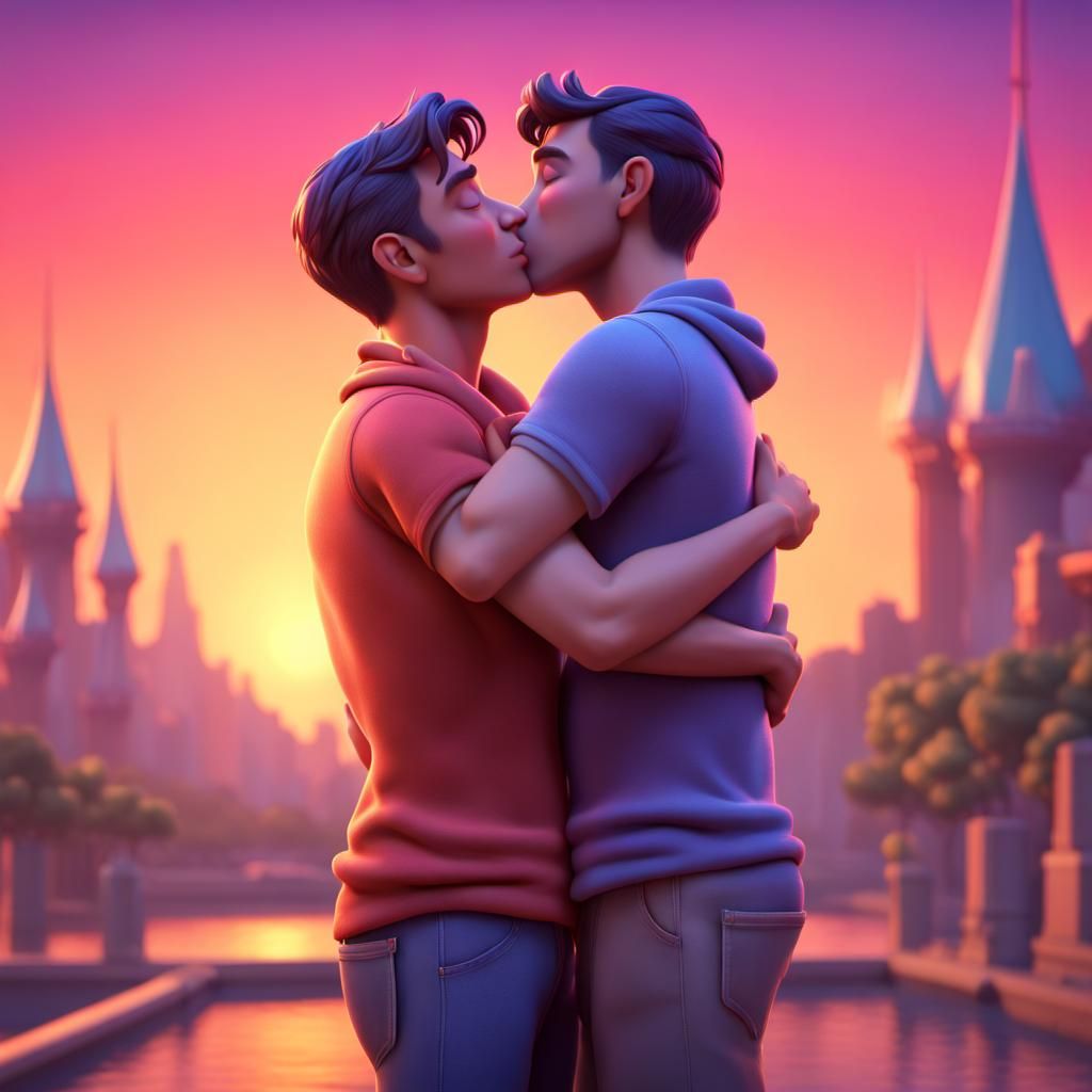 Romantic Sunset Embrace: Pixar-Style 3D Digital Art