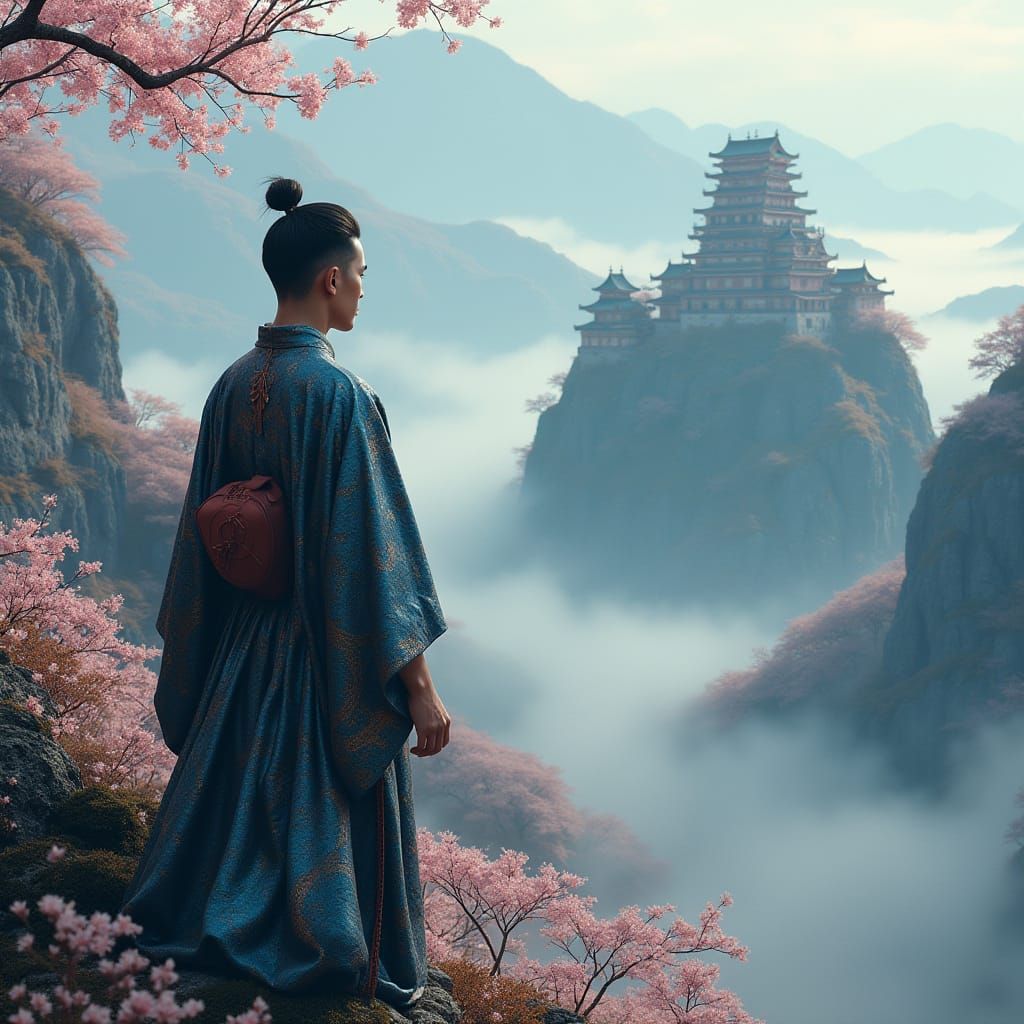 Ethereal Warrior of Cherry Blossom Dreams in Cyberpunk Fanta...