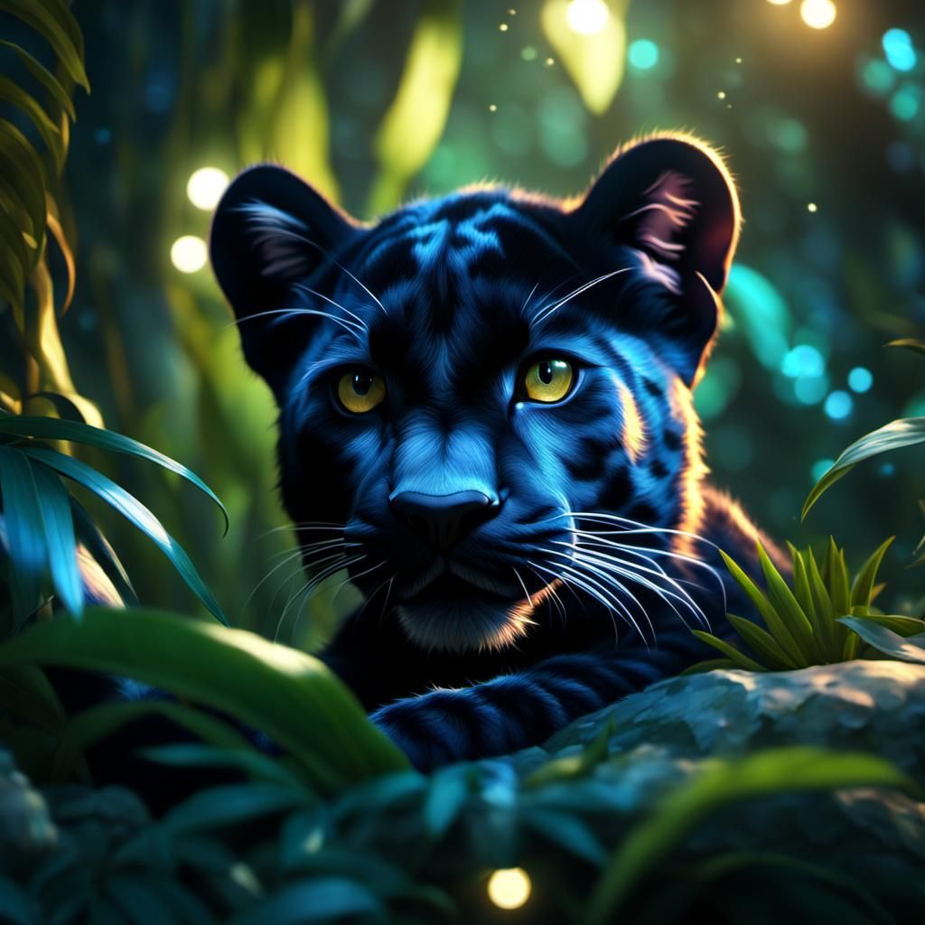 Fluffy Baby Panther in Jungle, Hyperrealistic Art