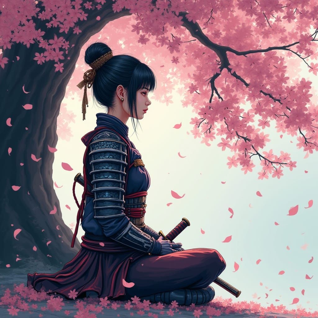 Serene Female Samurai in Cherry Blossom Paradise