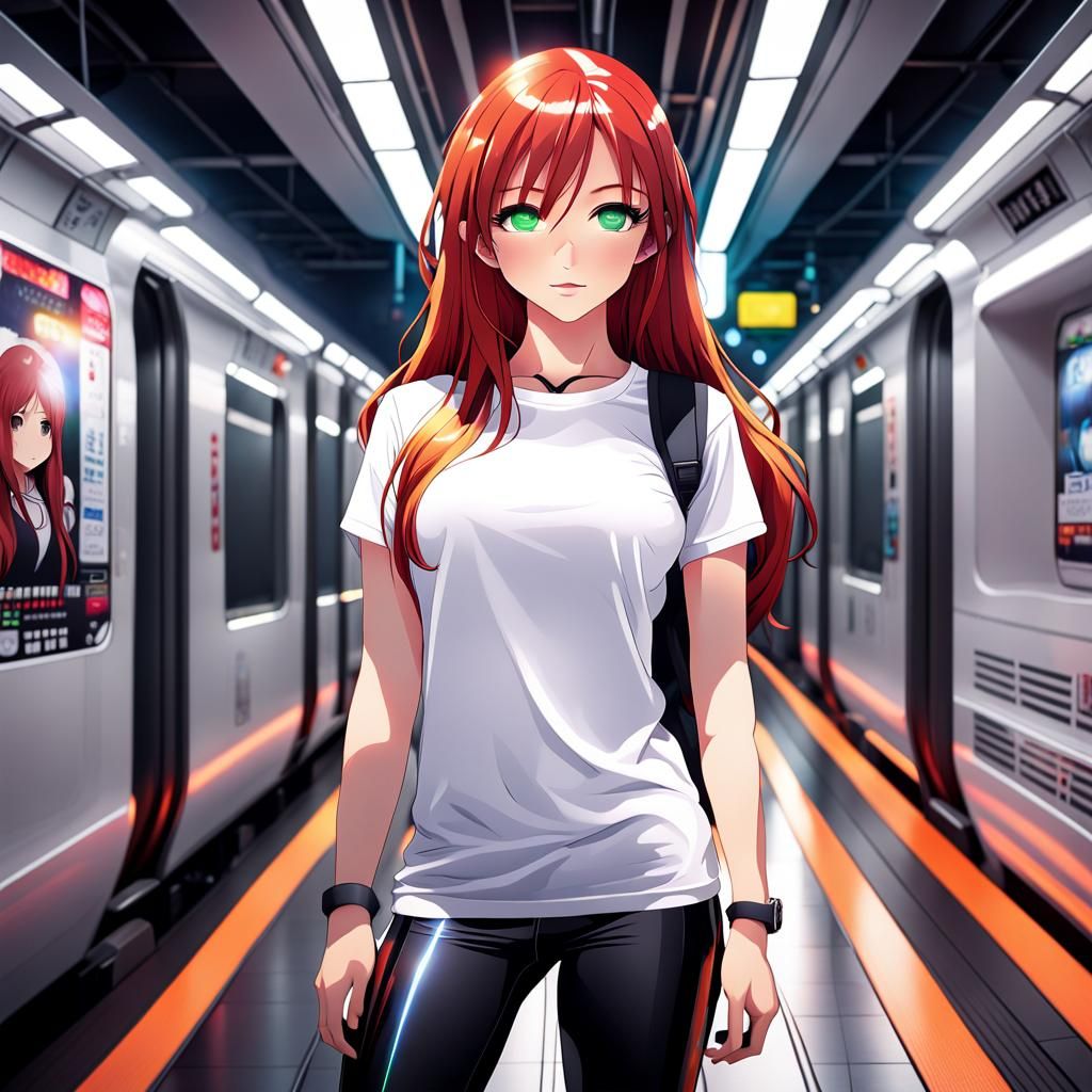 Anime Girl in Tokyo Metro: Vibrant Manga Illustration