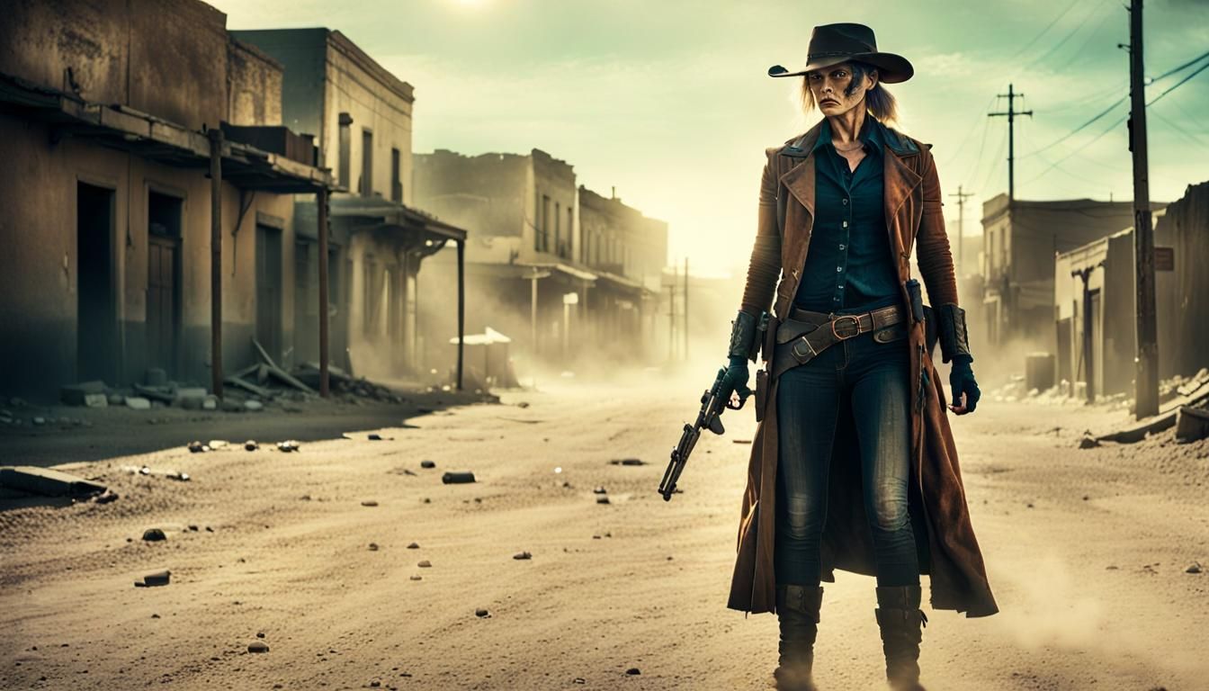 Lone Gunslinger in Dusty Street: Cinematic Film Still