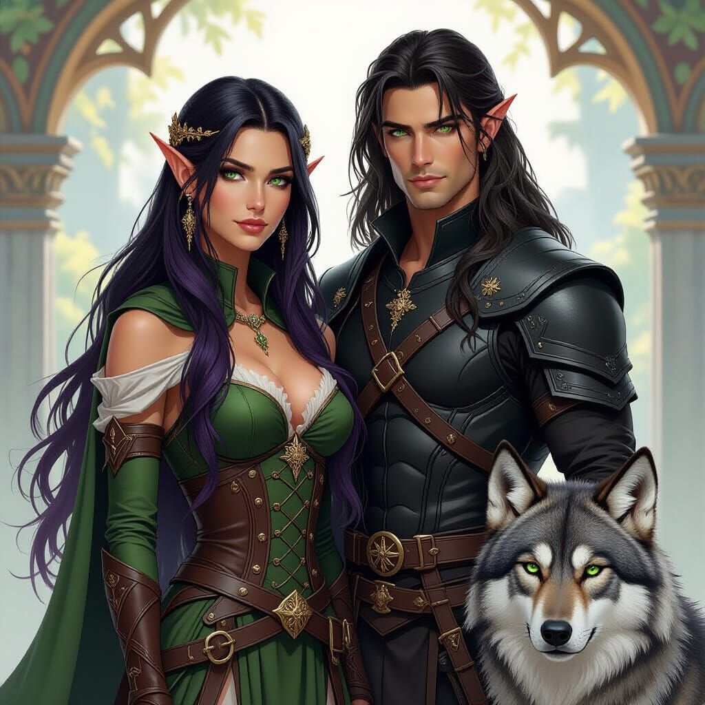 Elf Adventurers & Wolf Companion in High-Fantasy Style