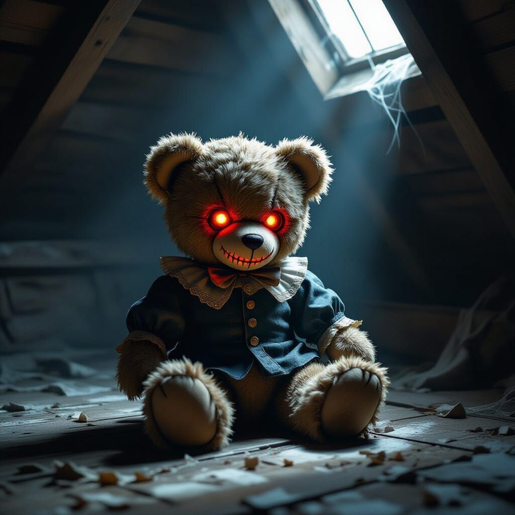 Eerie Teddy Bear in Dusty Attic Moonlight