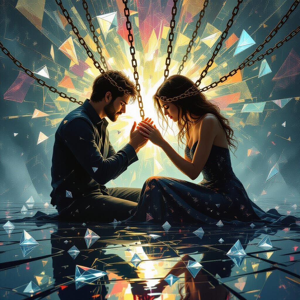 Surreal Figures Bound by Crystal in Dramatic Light Storm