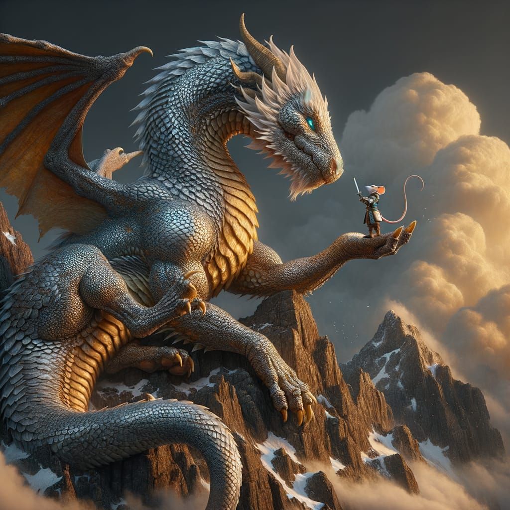 Dragon and Knight Mouse on Snowy Mountain Peak