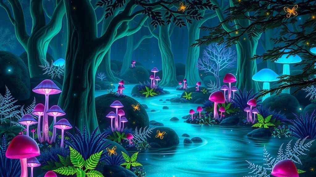Surreal Bioluminescent Forest Radiates Enchanting Light in a...