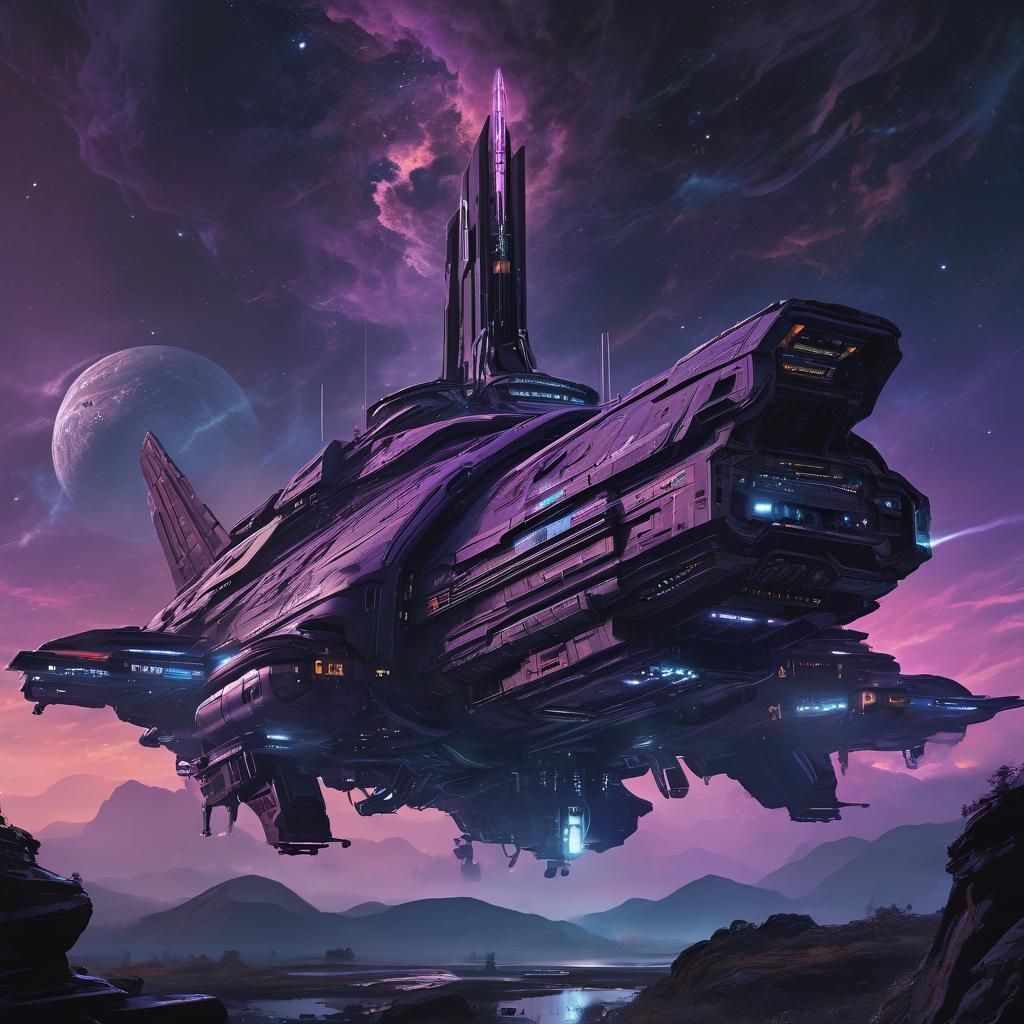 Gothic Spaceship Emerges from Nebula in Matte Painting Style