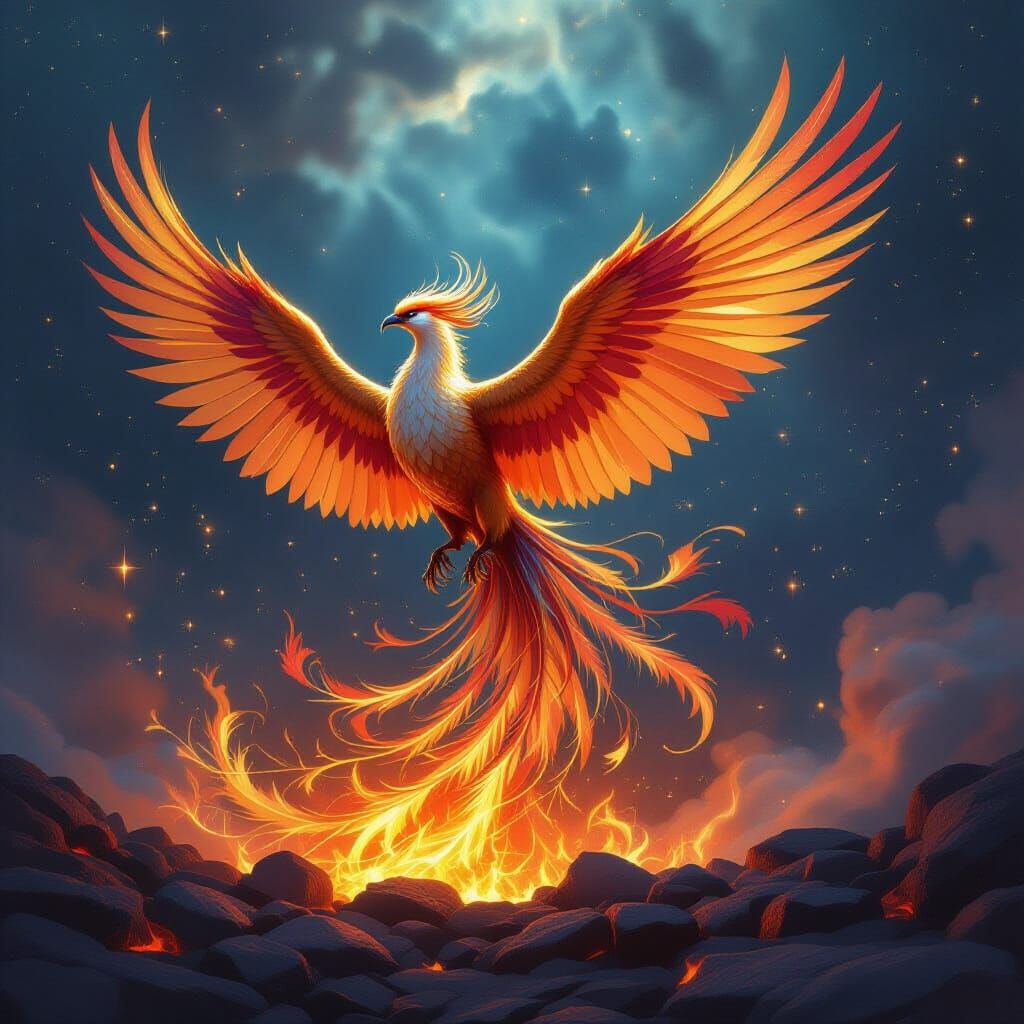 Majestic Phoenix Rises from Embers in Nebula