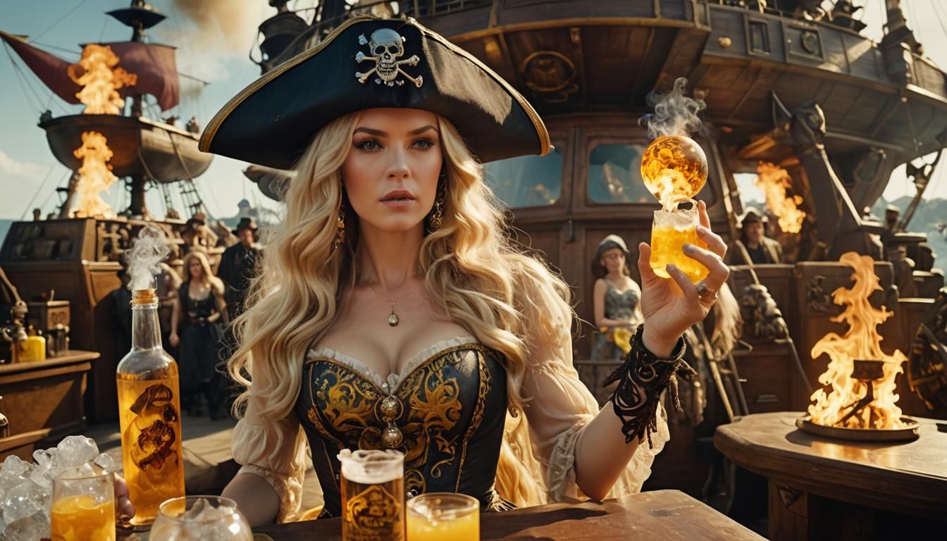 Glamorous Woman with Flaming Ice Cube on Spaceship