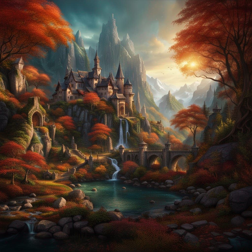 Elven City Landscape in Autumn Sunlight